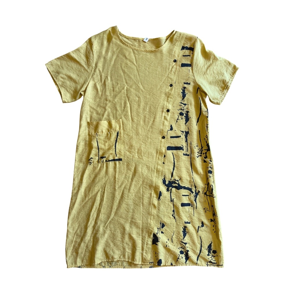 Lagenlook Abstract Artsy Print Shift Dress Tunic XL Short Sleeve Yellow Black